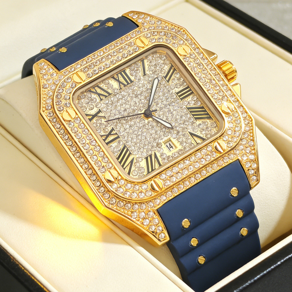 핫 패션 스퀘어 풀 다이아몬드 쿼츠 시계 남성용 러버  - Luxury Watch Iceberg 리뷰 및 가격